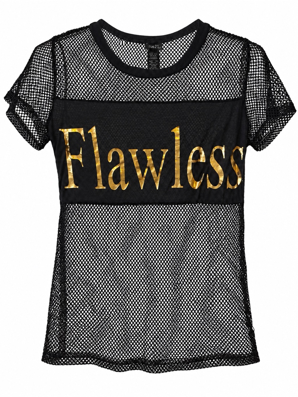 Rue21 Black Mesh Short Sleeve Tee with Gold 'Flawless' Print